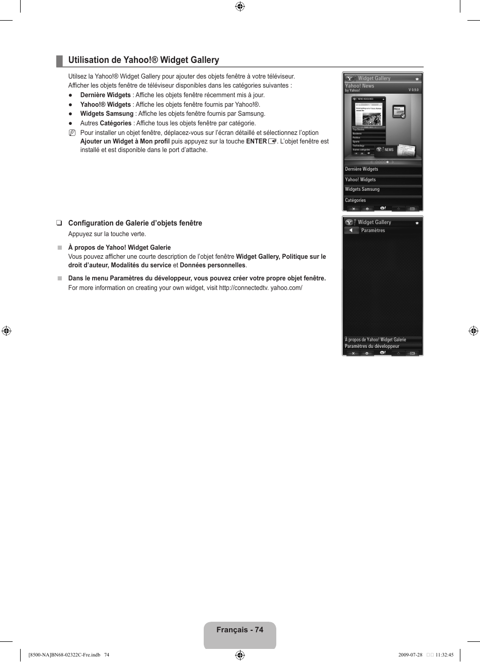 Utilisation de yahoo!® widget gallery, Français - 74, Configuration de galerie d’objets fenêtre | Samsung 8500 User Manual | Page 278 / 296