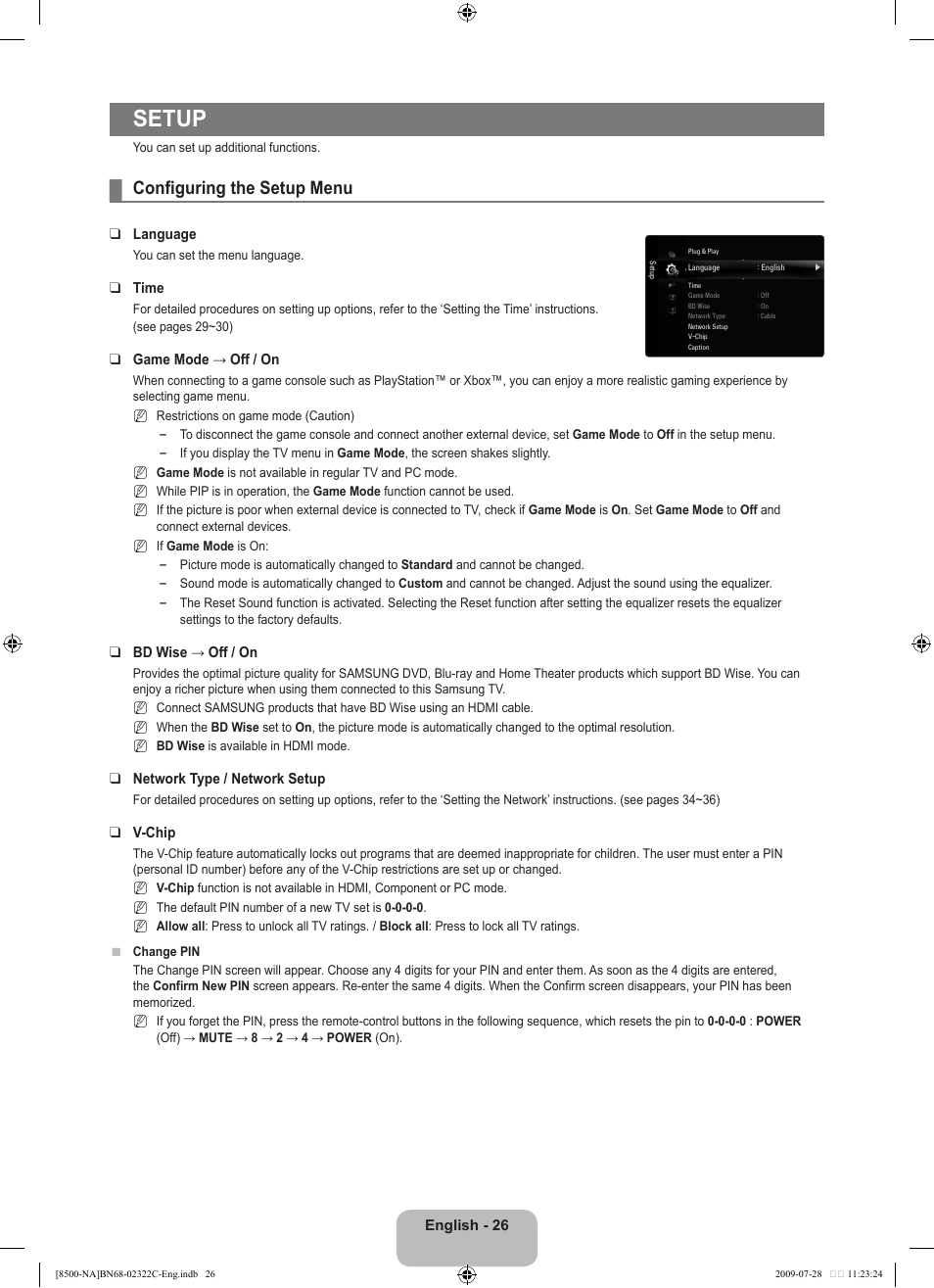 Setup, Configuring the setup menu | Samsung 8500 User Manual | Page 28 / 296