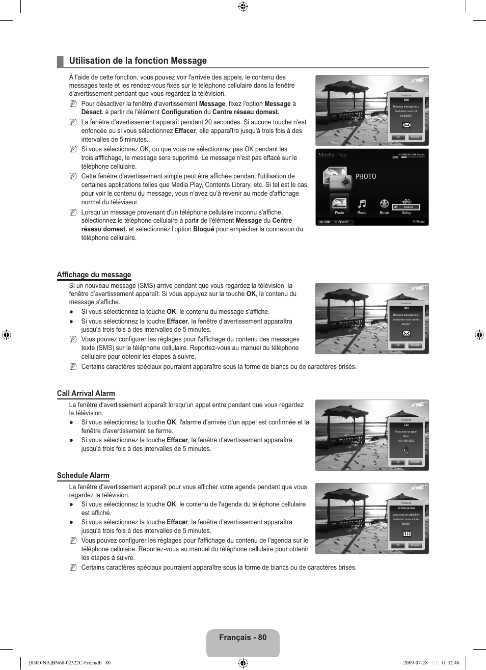 Utilisation de la fonction message, Français - 80, Affichage du message | Call arrival alarm, Schedule alarm | Samsung 8500 User Manual | Page 284 / 296