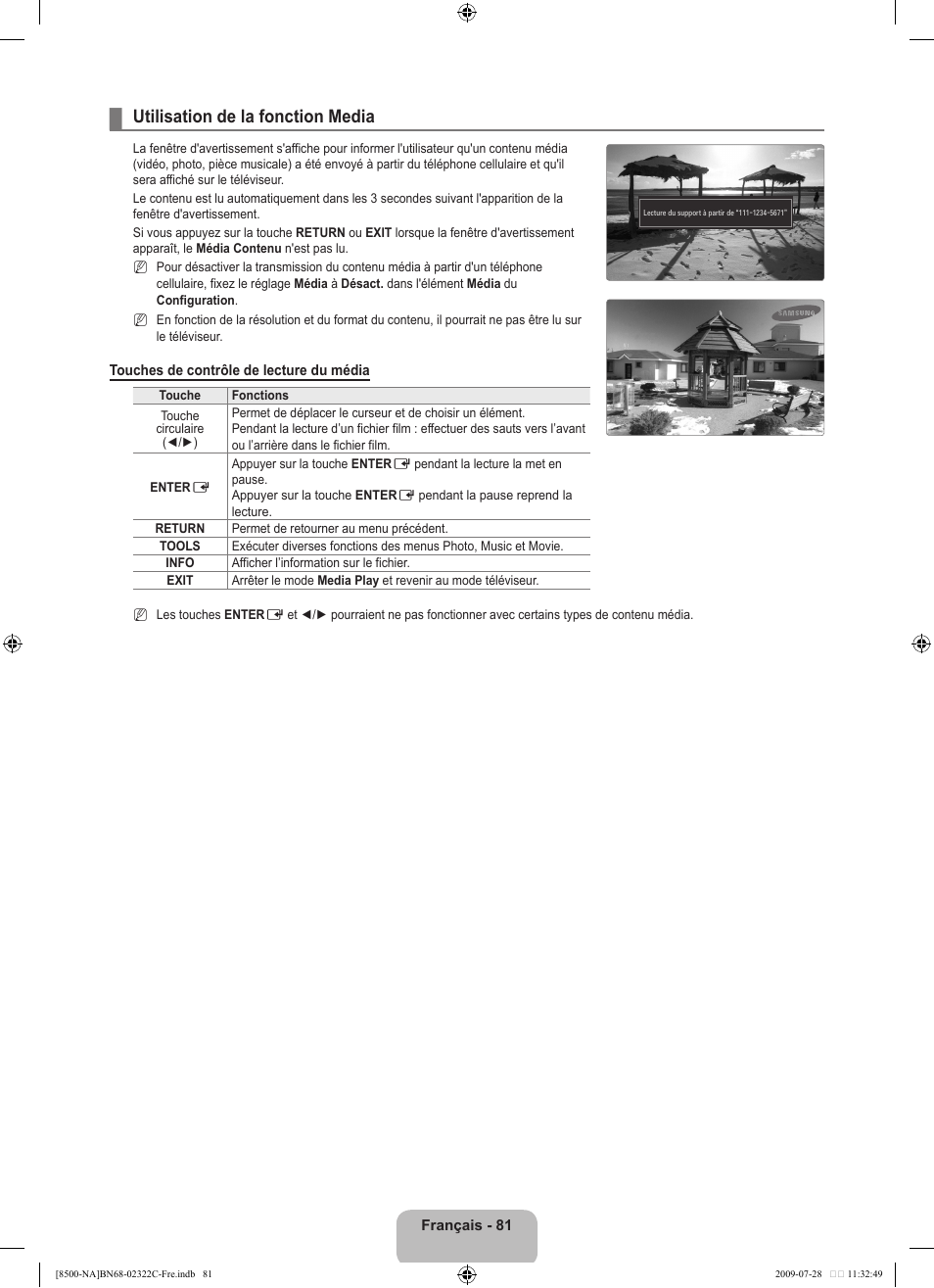 Utilisation de la fonction media | Samsung 8500 User Manual | Page 285 / 296