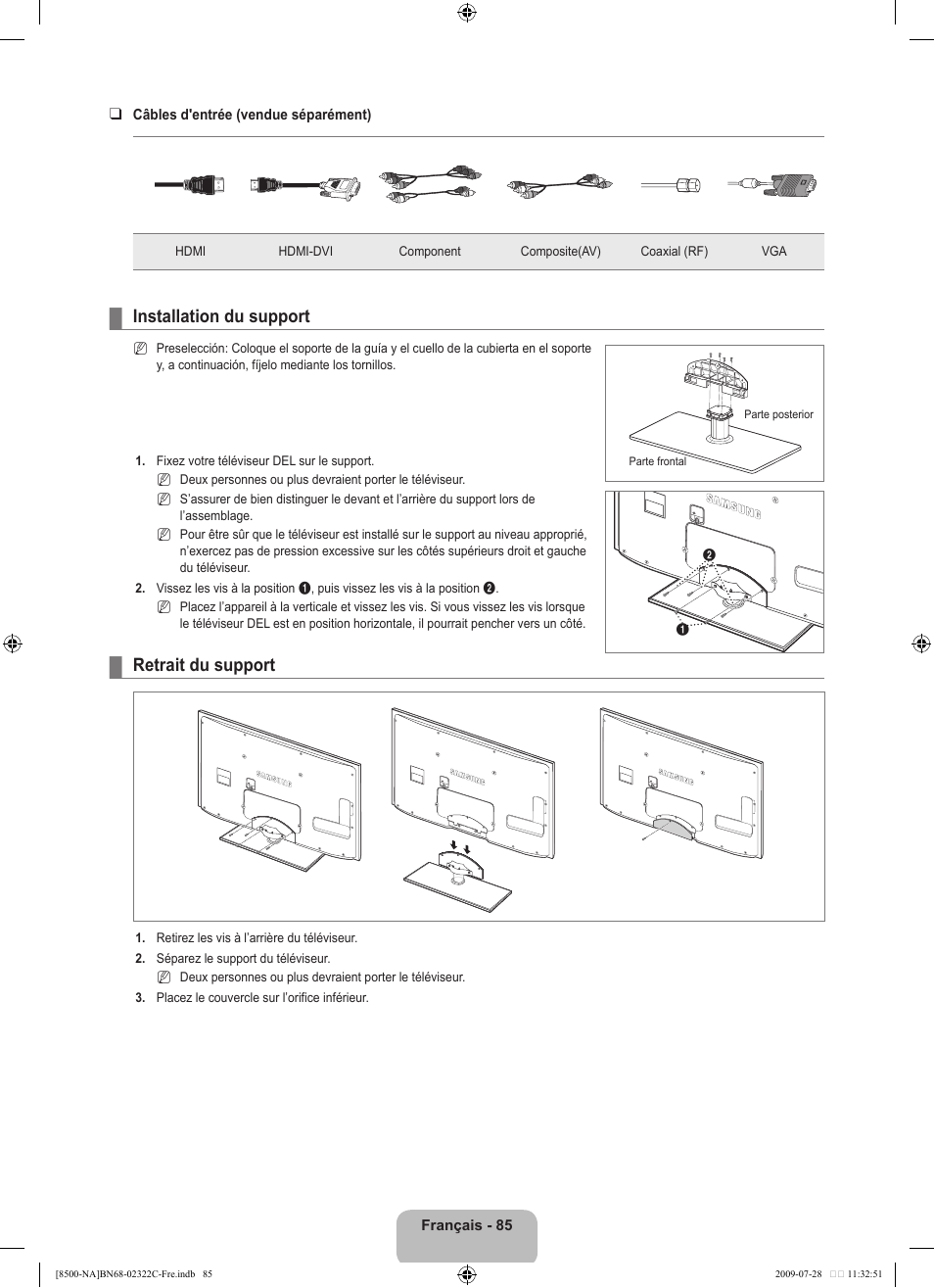 Installation du support, Retrait du support | Samsung 8500 User Manual | Page 289 / 296