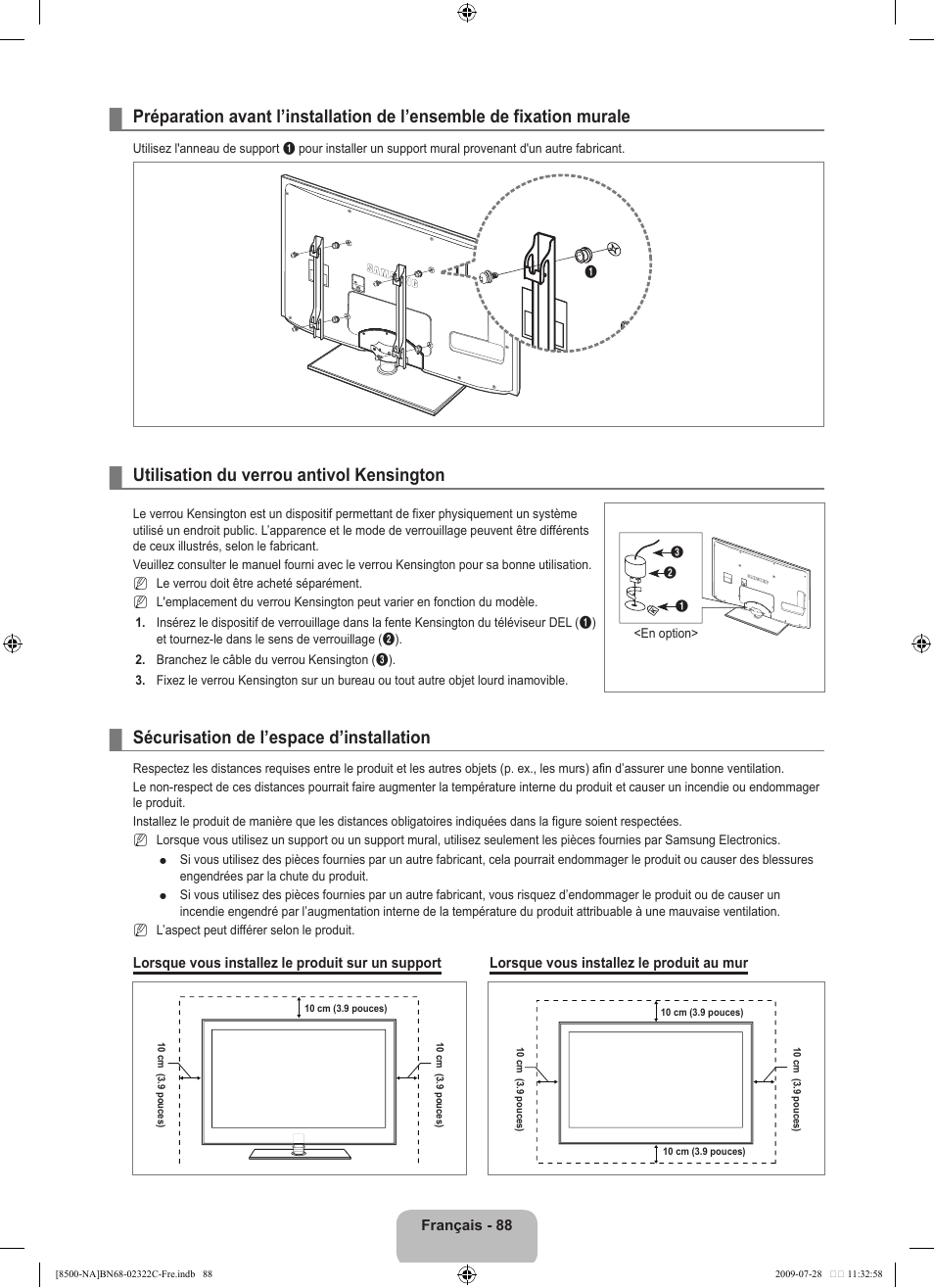 Utilisation du verrou antivol kensington, Sécurisation de l’espace d’installation | Samsung 8500 User Manual | Page 292 / 296