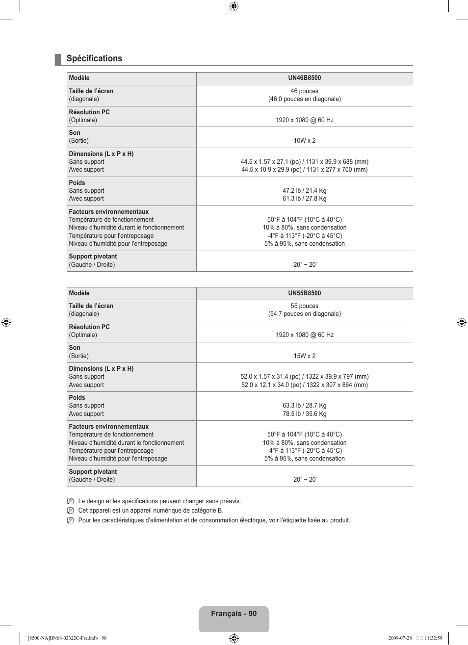 Spécifications | Samsung 8500 User Manual | Page 294 / 296