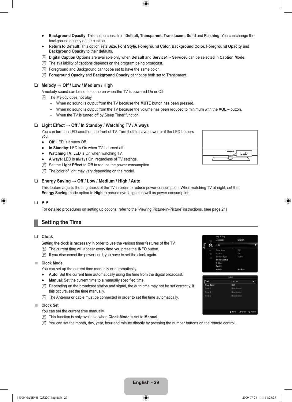 Setting the time, English - 29, Melody → off / low / medium / high | Energy saving → off / low / medium / high / auto, Clock | Samsung 8500 User Manual | Page 31 / 296