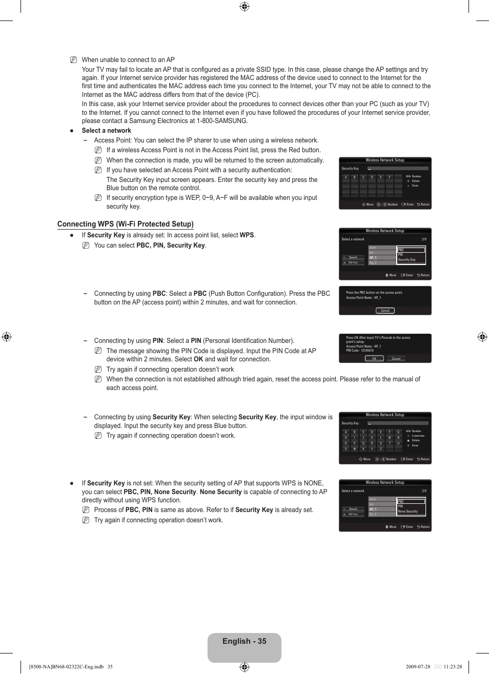 English, Connecting wps (wi-fi protected setup) | Samsung 8500 User Manual | Page 37 / 296