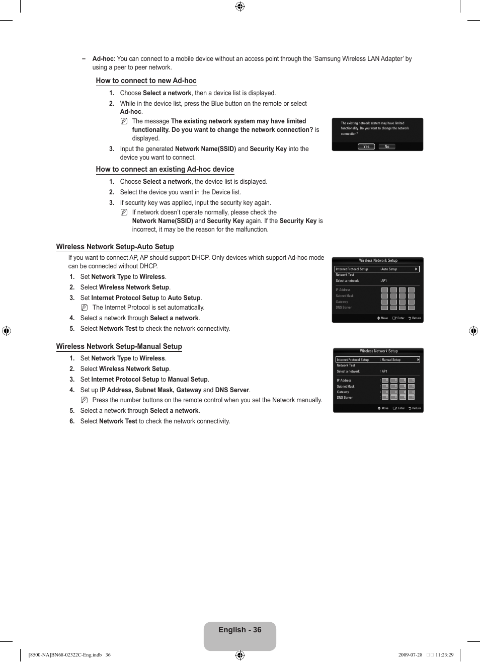 English - 6, How to connect to new ad-hoc, How to connect an existing ad-hoc device | Wireless network setup-auto setup, Wireless network setup-manual setup | Samsung 8500 User Manual | Page 38 / 296