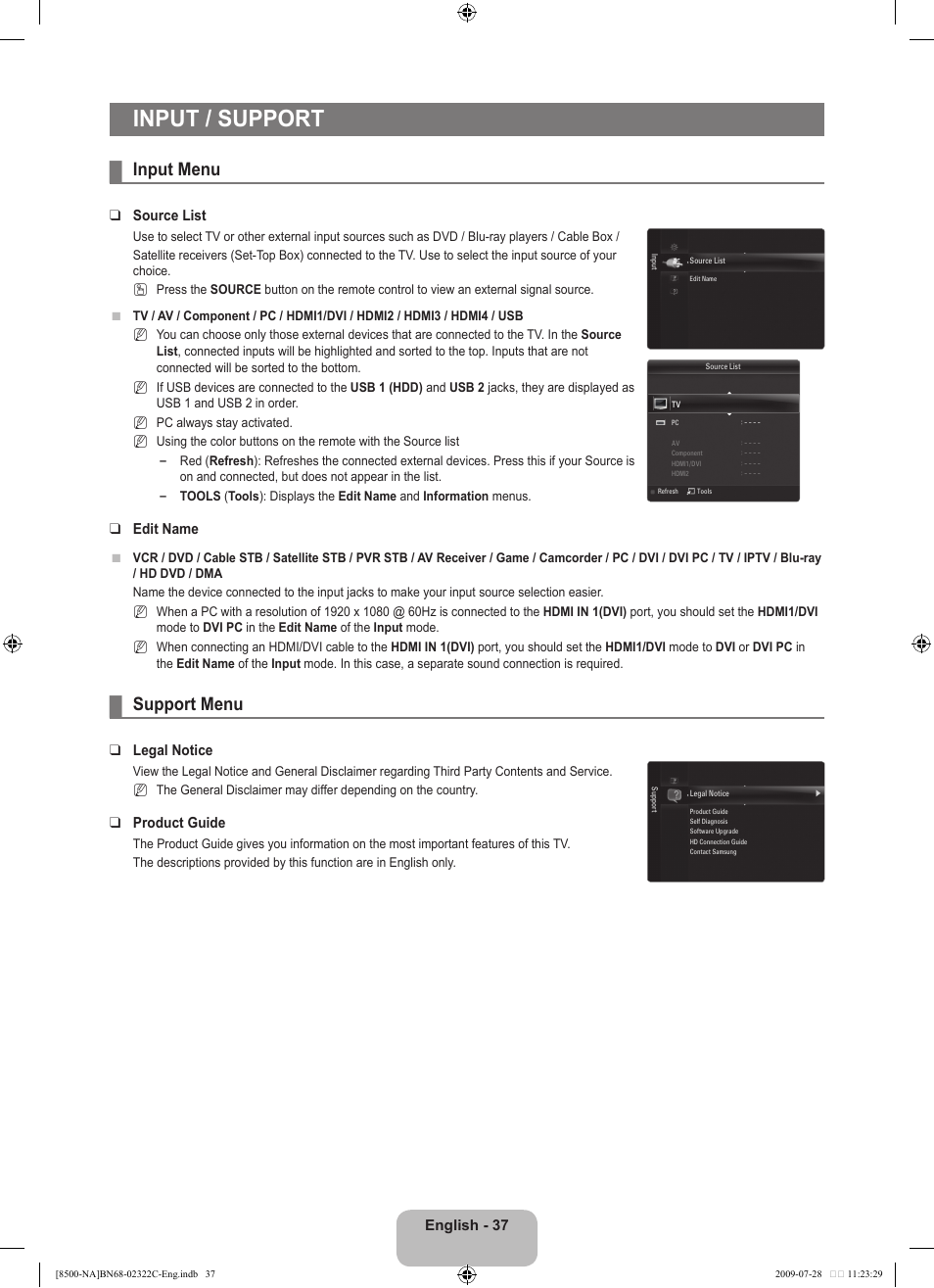 Input / support, Input menu, Support menu | Samsung 8500 User Manual | Page 39 / 296