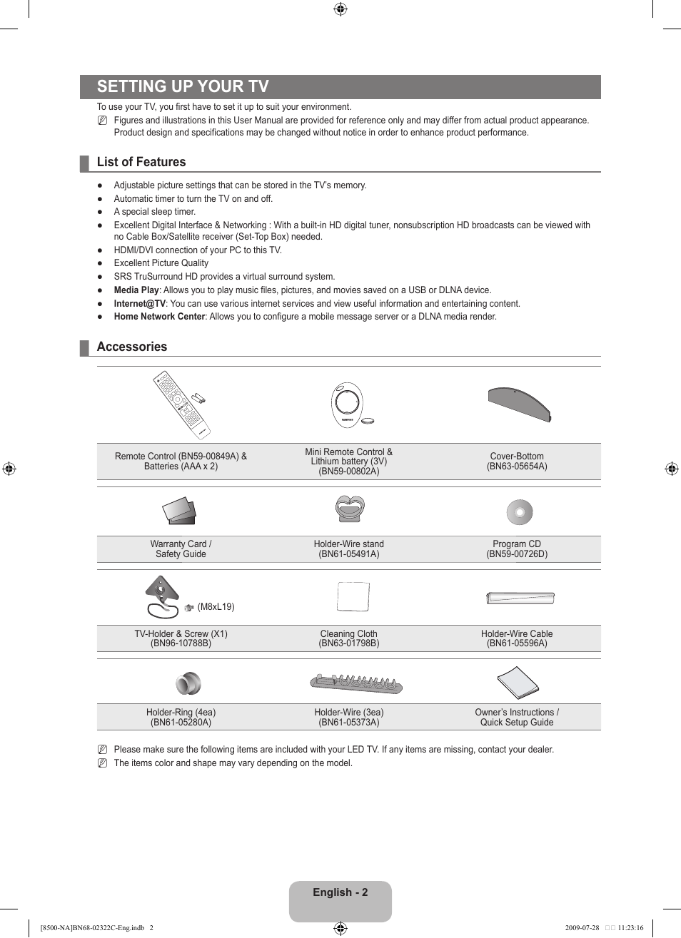 Setting up your tv, List of features, Accessories | Samsung 8500 User Manual | Page 4 / 296