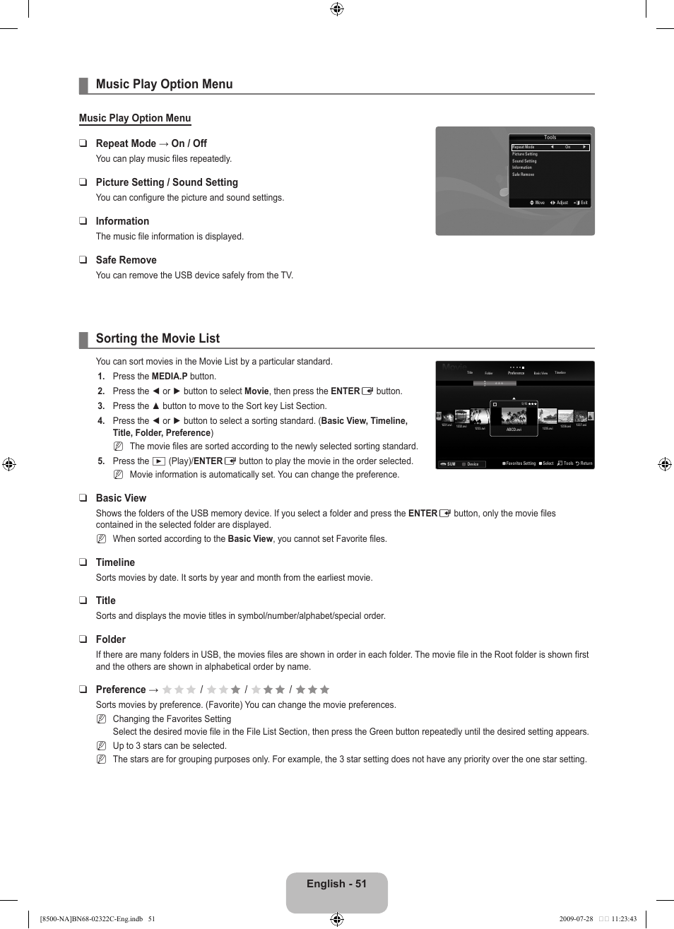 Music play option menu, Sorting the movie list | Samsung 8500 User Manual | Page 53 / 296