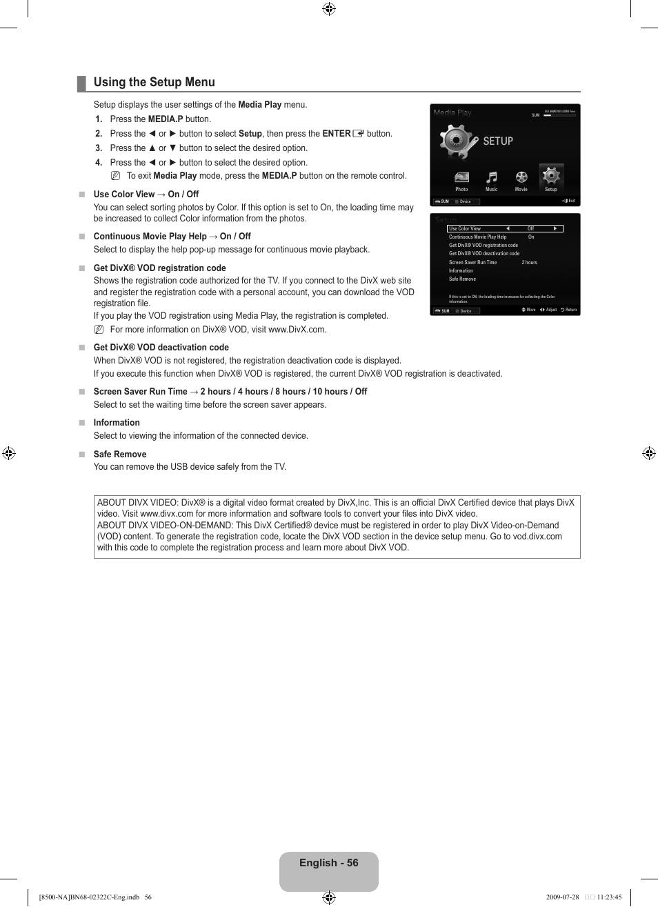 Using the setup menu, Setup, English - 6 | Samsung 8500 User Manual | Page 58 / 296