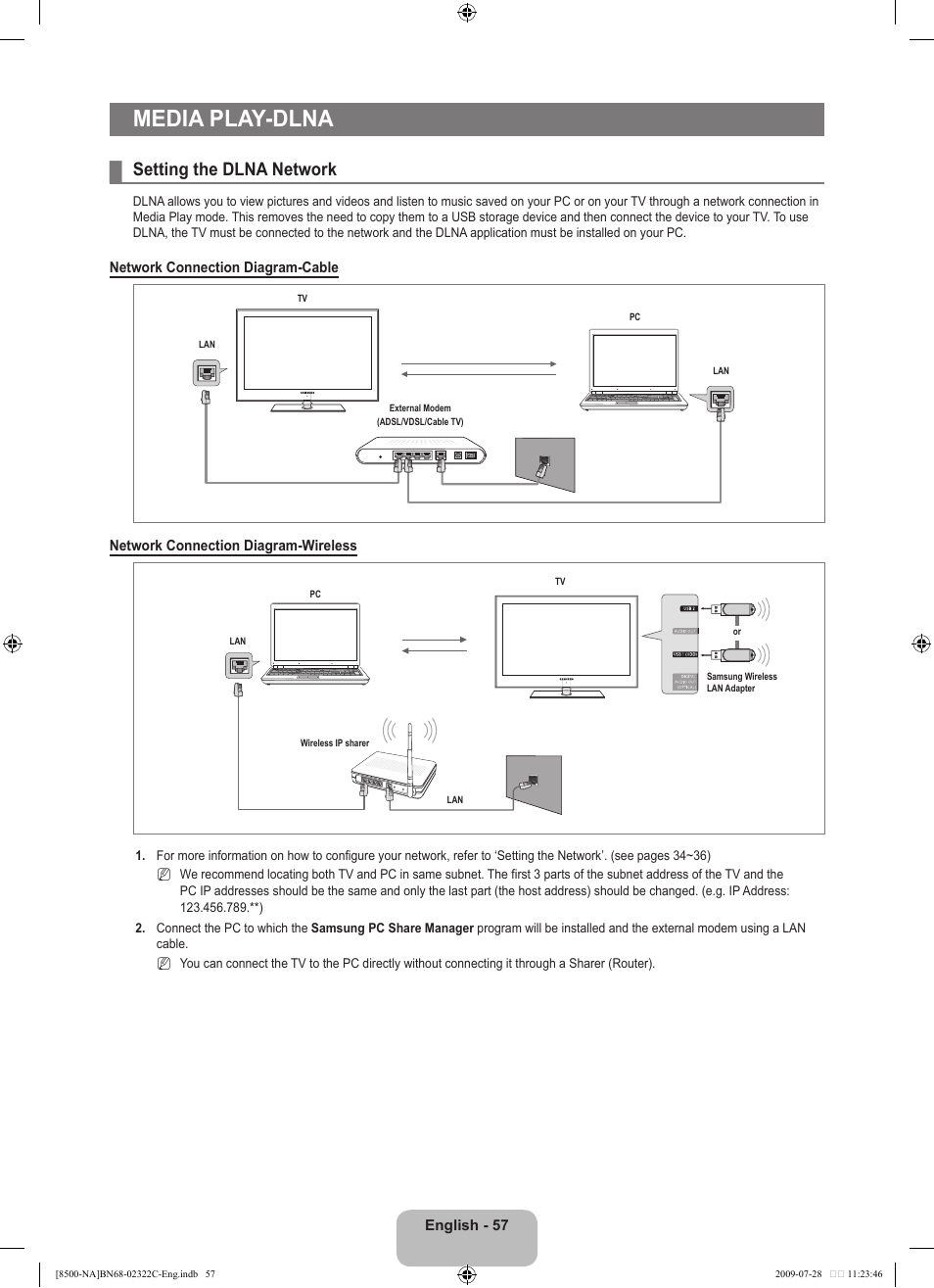 Media play -dlna, Setting the dlna network, Media play-dlna | Samsung 8500 User Manual | Page 59 / 296