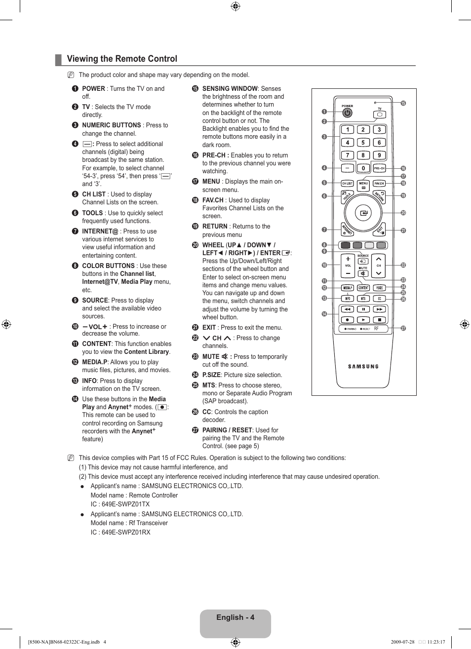 Viewing the remote control | Samsung 8500 User Manual | Page 6 / 296