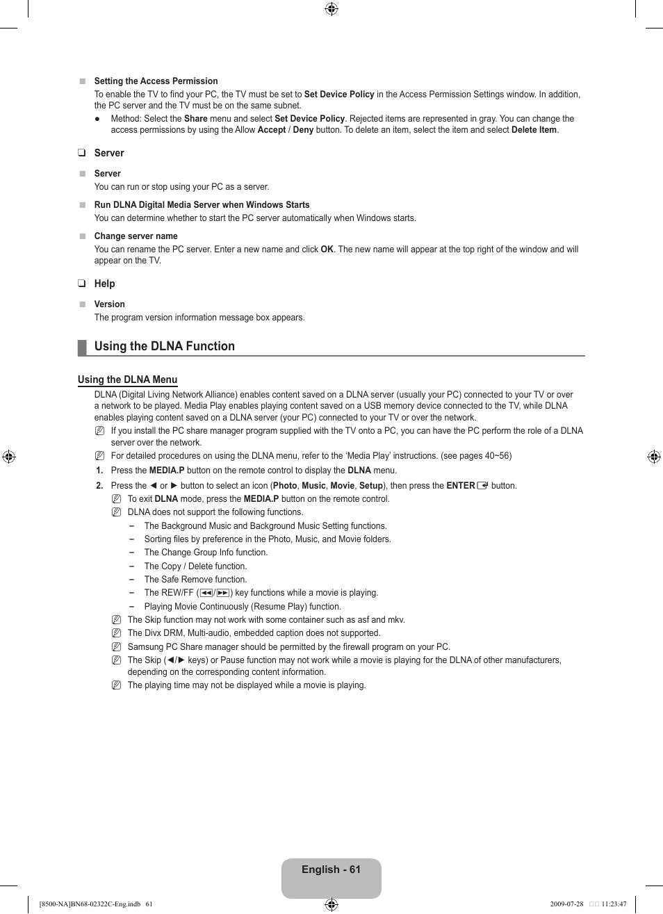 Using the dlna function | Samsung 8500 User Manual | Page 63 / 296