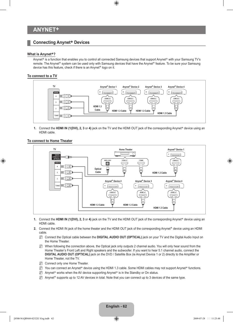 Anynet, Connecting anynet+ devices | Samsung 8500 User Manual | Page 64 / 296