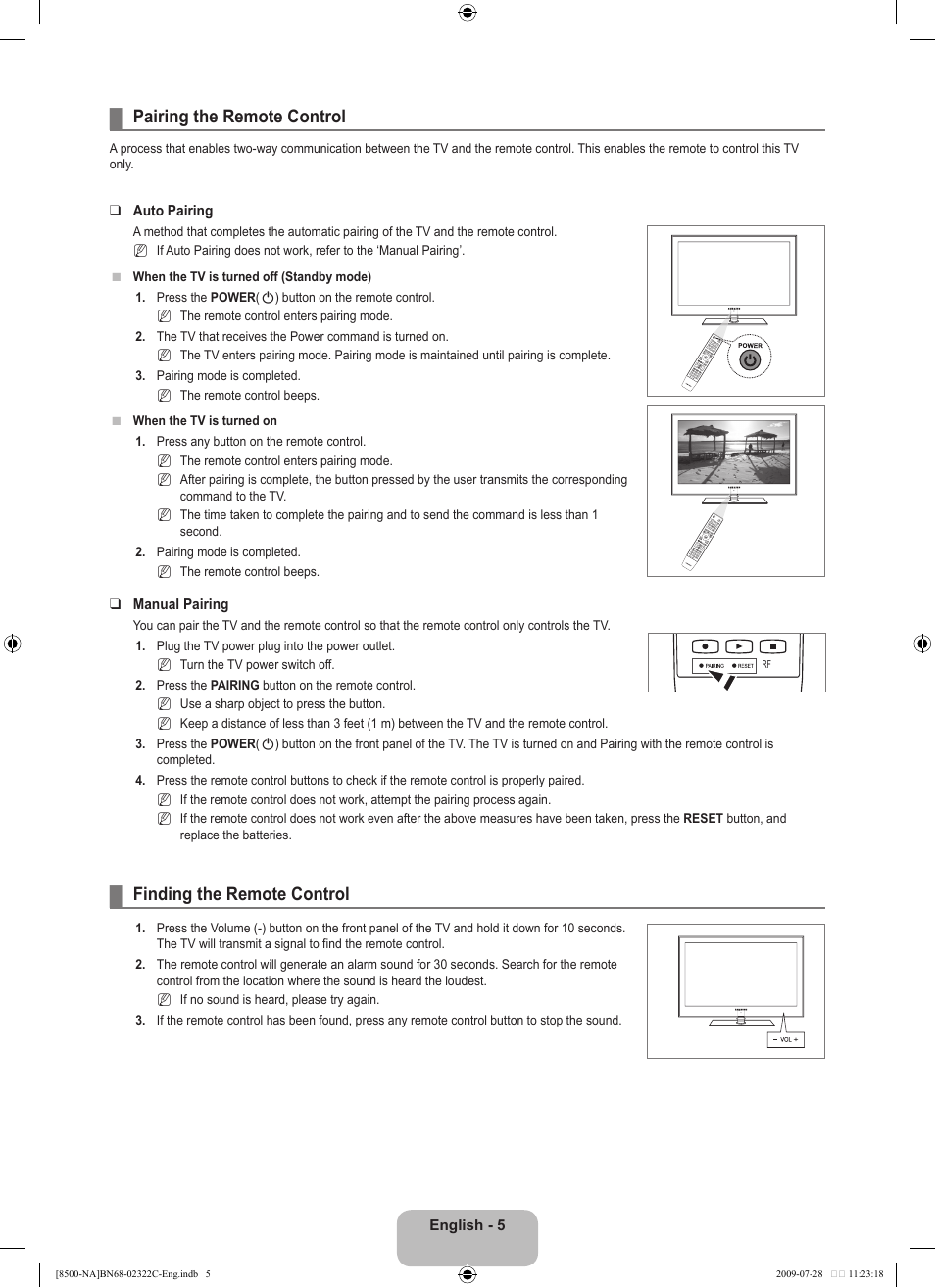 Pairing the remote control, Finding the remote control | Samsung 8500 User Manual | Page 7 / 296