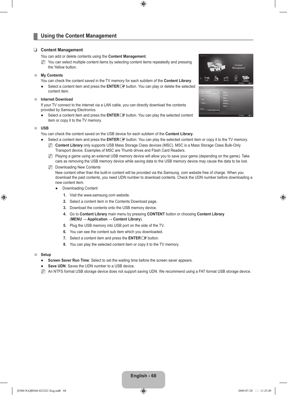 Using the content management, English - 68, Content management | Samsung 8500 User Manual | Page 70 / 296