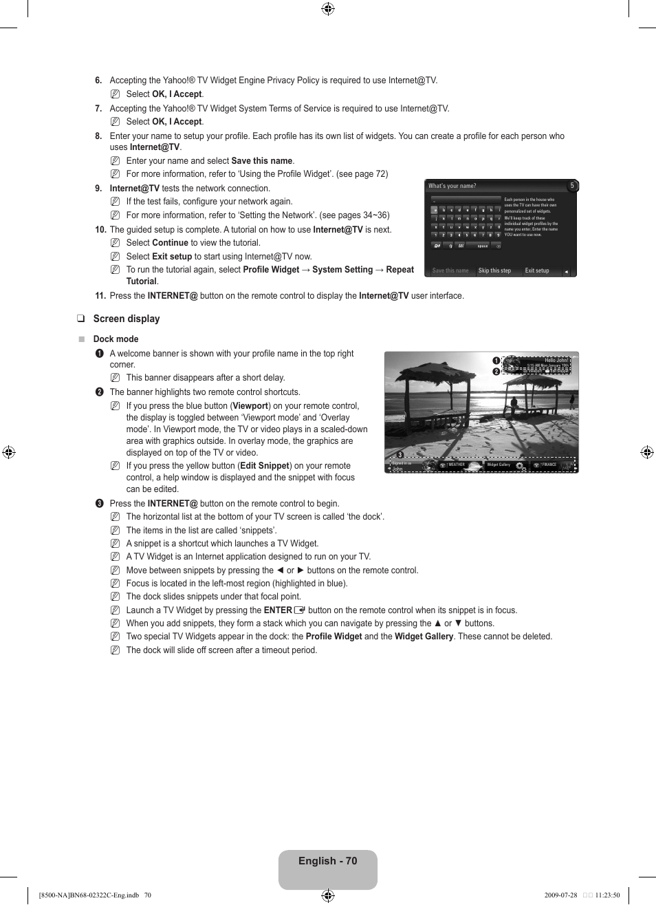 English - 70, Screen display | Samsung 8500 User Manual | Page 72 / 296