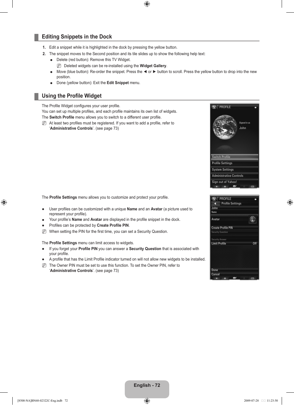 Editing snippets in the dock, Using the profile widget | Samsung 8500 User Manual | Page 74 / 296