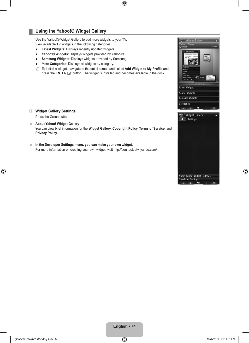 Using the yahoo!® widget gallery, English - 74, Widget gallery settings | Samsung 8500 User Manual | Page 76 / 296