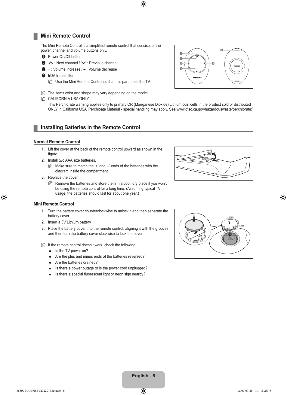 Mini remote control, Installing batteries in the remote control | Samsung 8500 User Manual | Page 8 / 296