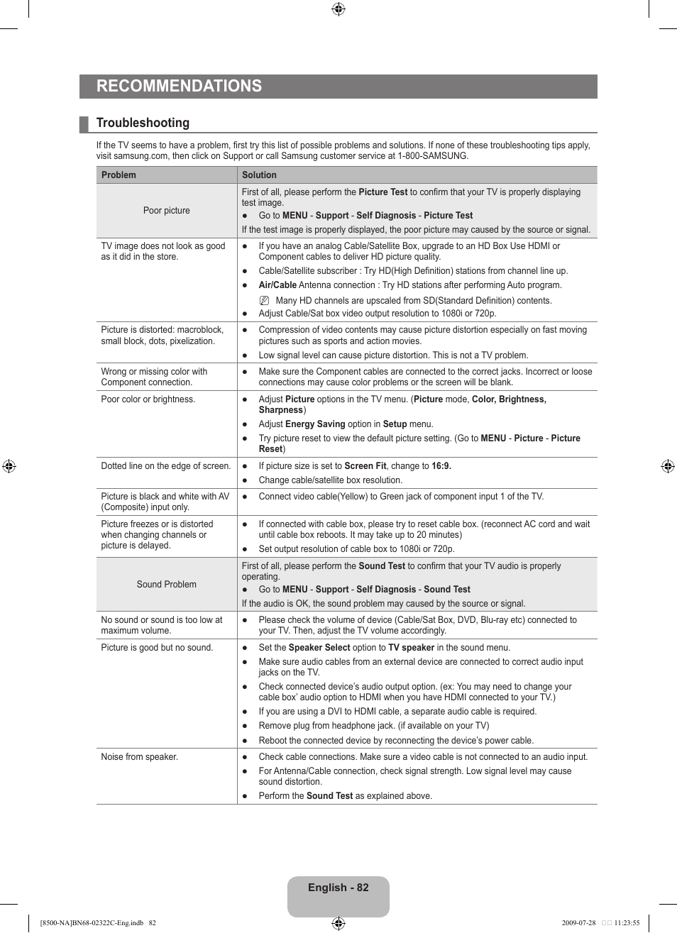 Recommendations, Troubleshooting | Samsung 8500 User Manual | Page 84 / 296