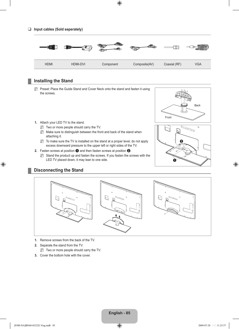 Installing the stand, Disconnecting the stand | Samsung 8500 User Manual | Page 87 / 296