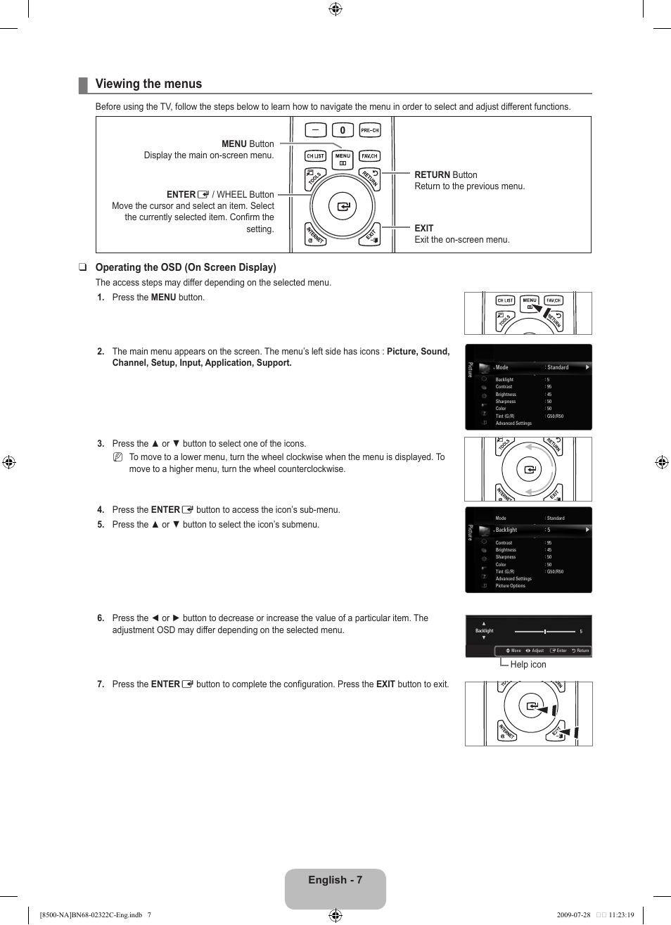 Viewing the menus, English - 7, Operating the osd (on screen display) | Samsung 8500 User Manual | Page 9 / 296