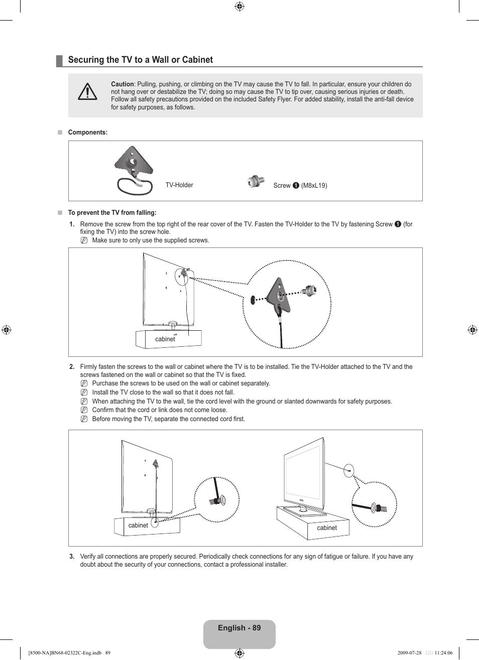 Securing the tv to a wall or cabinet | Samsung 8500 User Manual | Page 91 / 296