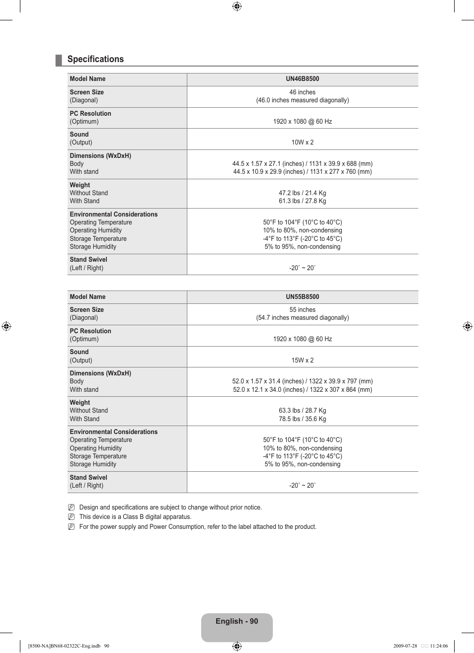 Specifications | Samsung 8500 User Manual | Page 92 / 296