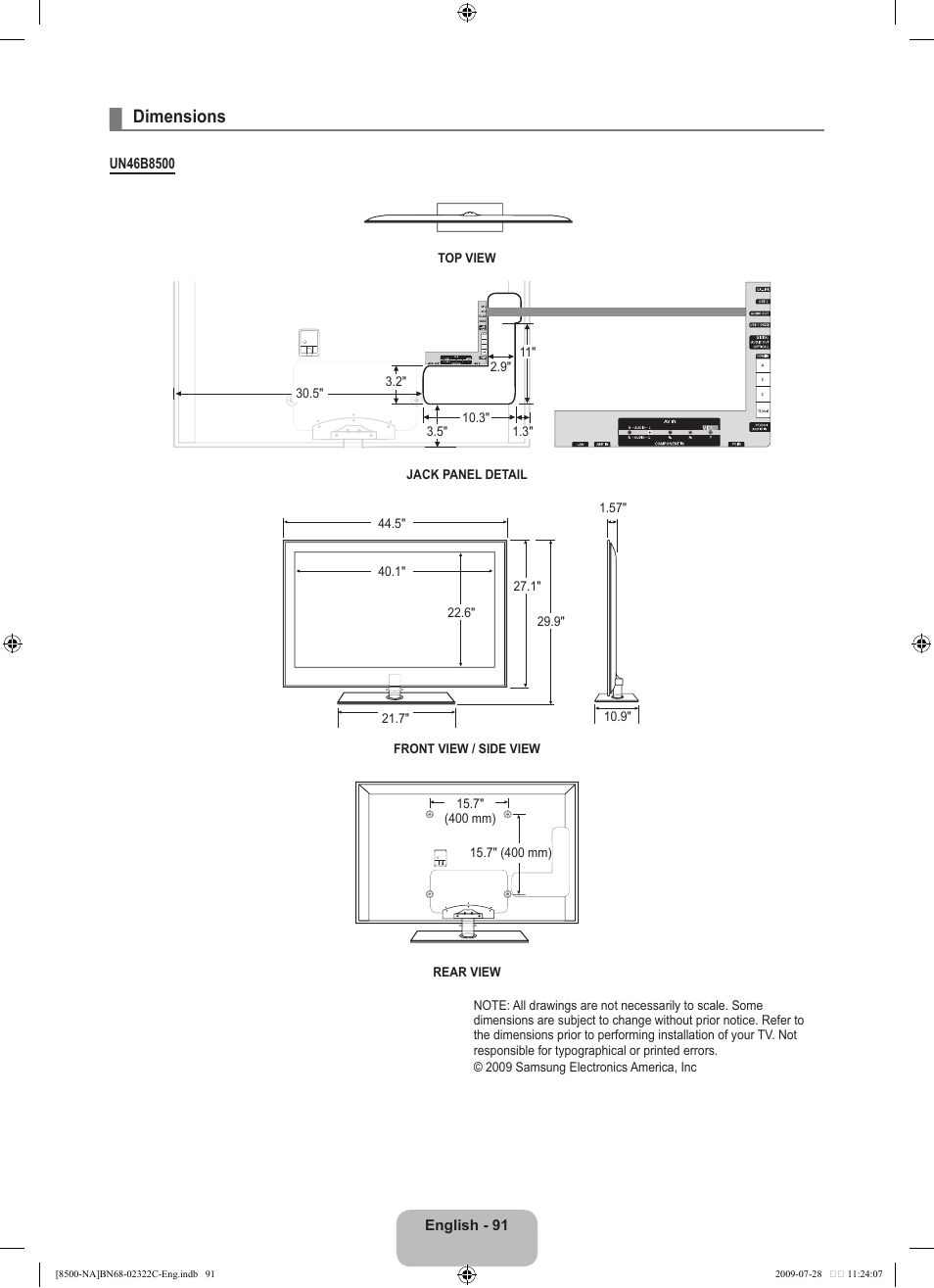 Dimensions | Samsung 8500 User Manual | Page 93 / 296