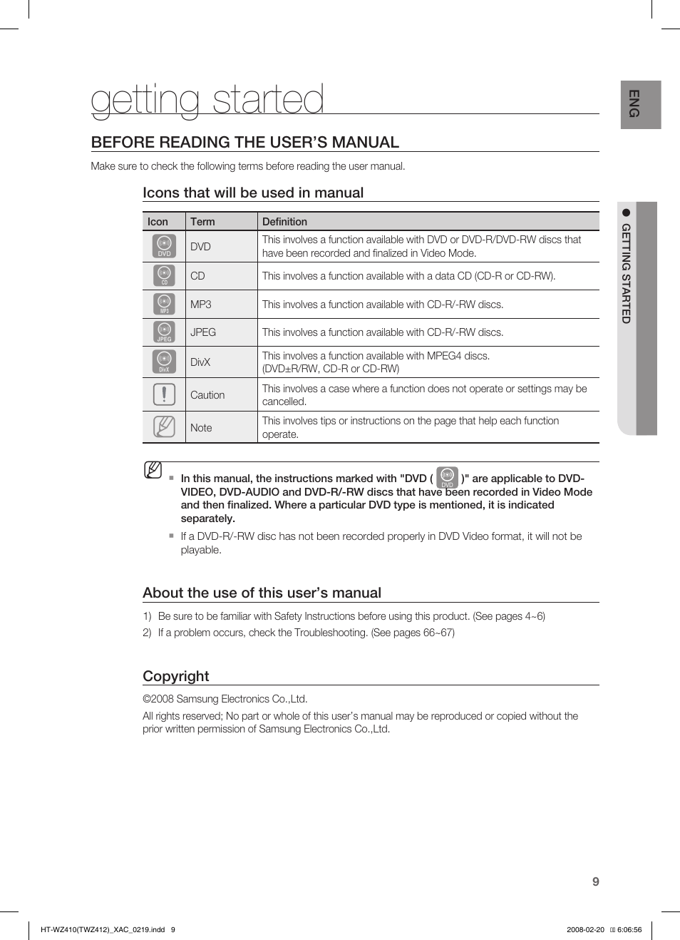 Getting started, Before reading the user’s manual | Samsung HT-TWZ412 User Manual | Page 10 / 74