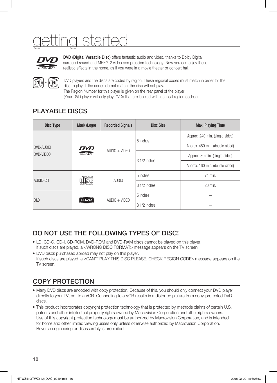 Getting started, Playable discs, Do not use the following types of disc | Copy protection | Samsung HT-TWZ412 User Manual | Page 11 / 74