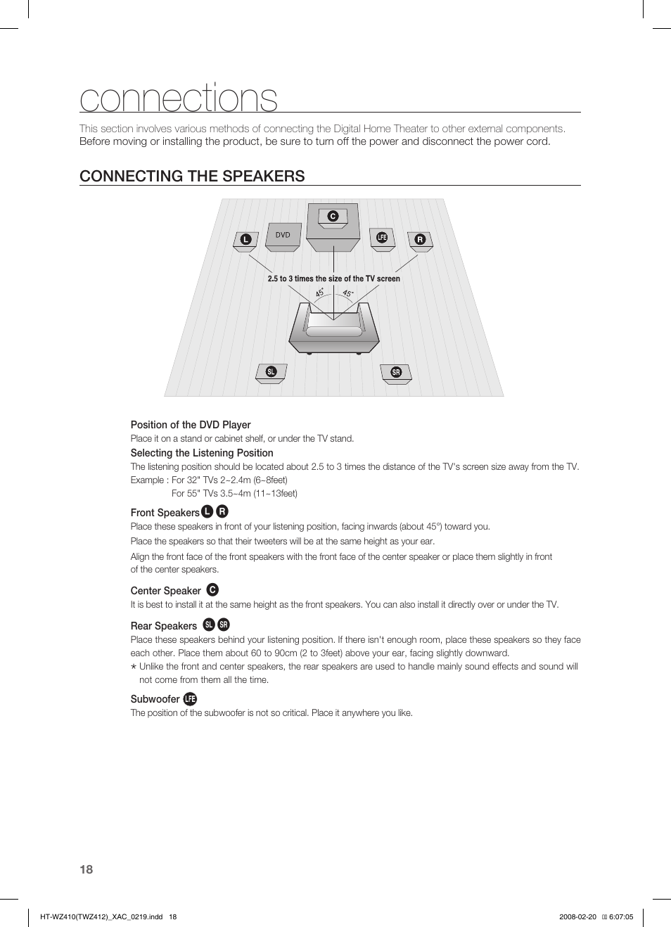 Connections, Conecting the speakers, Connecting the speakers | Samsung HT-TWZ412 User Manual | Page 19 / 74