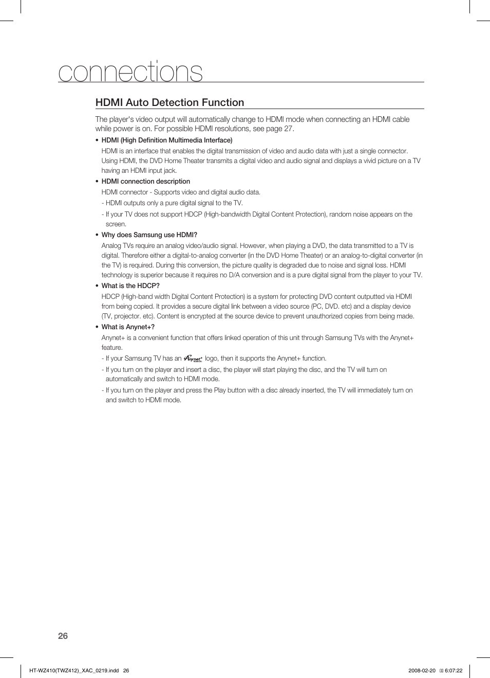 Hdmi auto detection function, Connections | Samsung HT-TWZ412 User Manual | Page 27 / 74