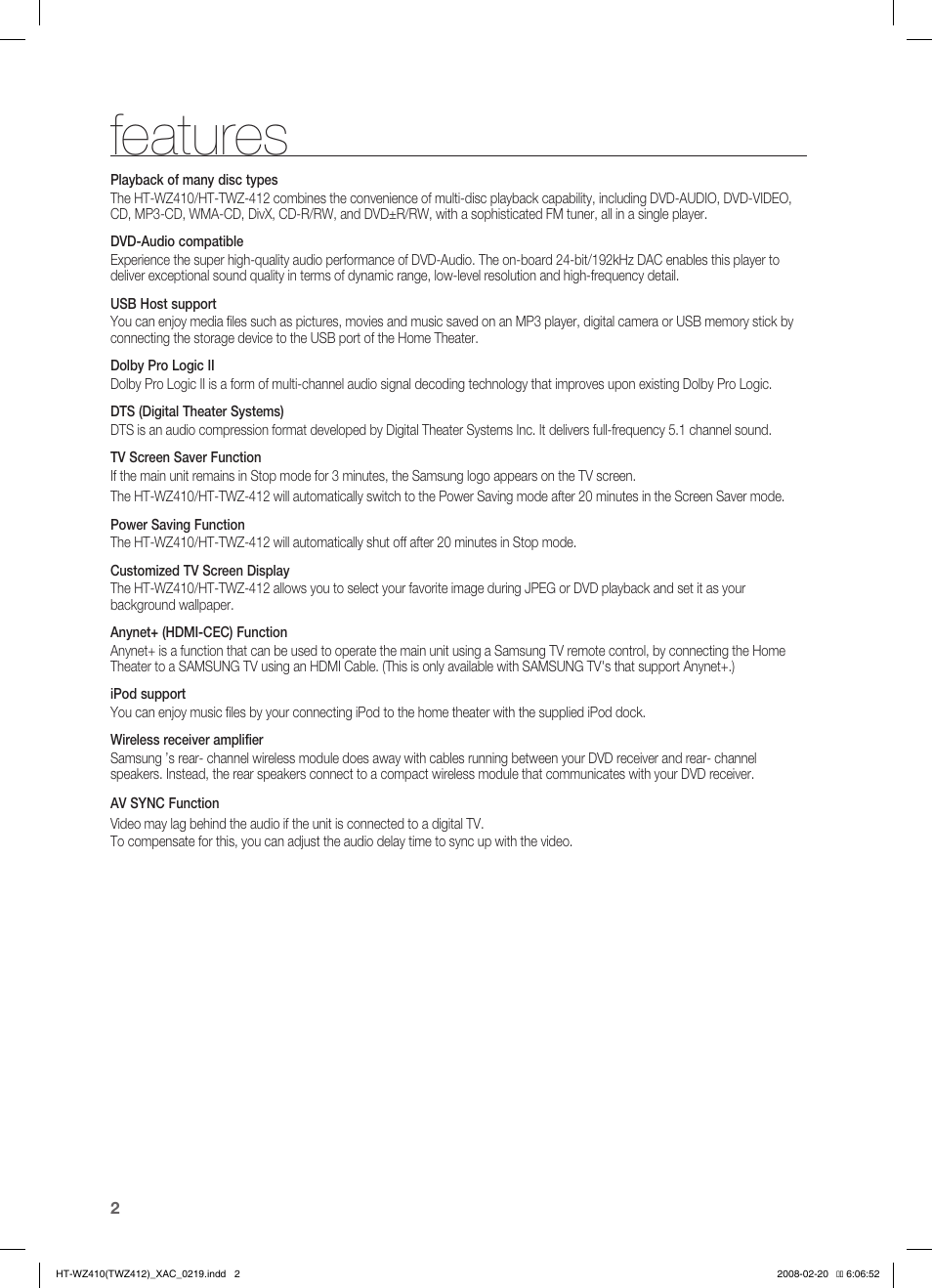 Features | Samsung HT-TWZ412 User Manual | Page 3 / 74