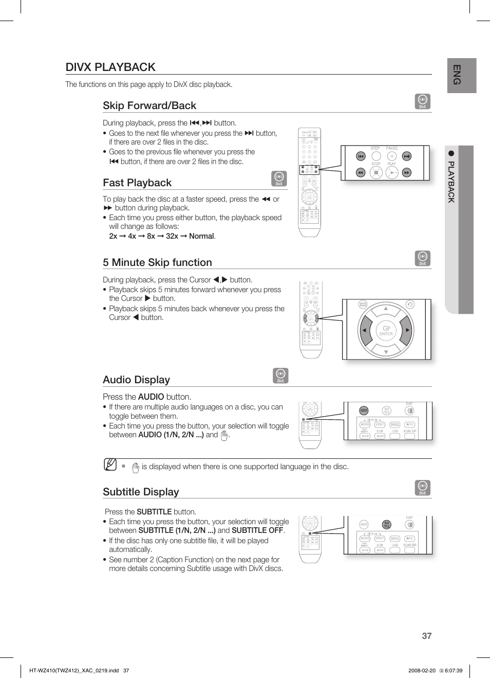 Divx playback | Samsung HT-TWZ412 User Manual | Page 38 / 74