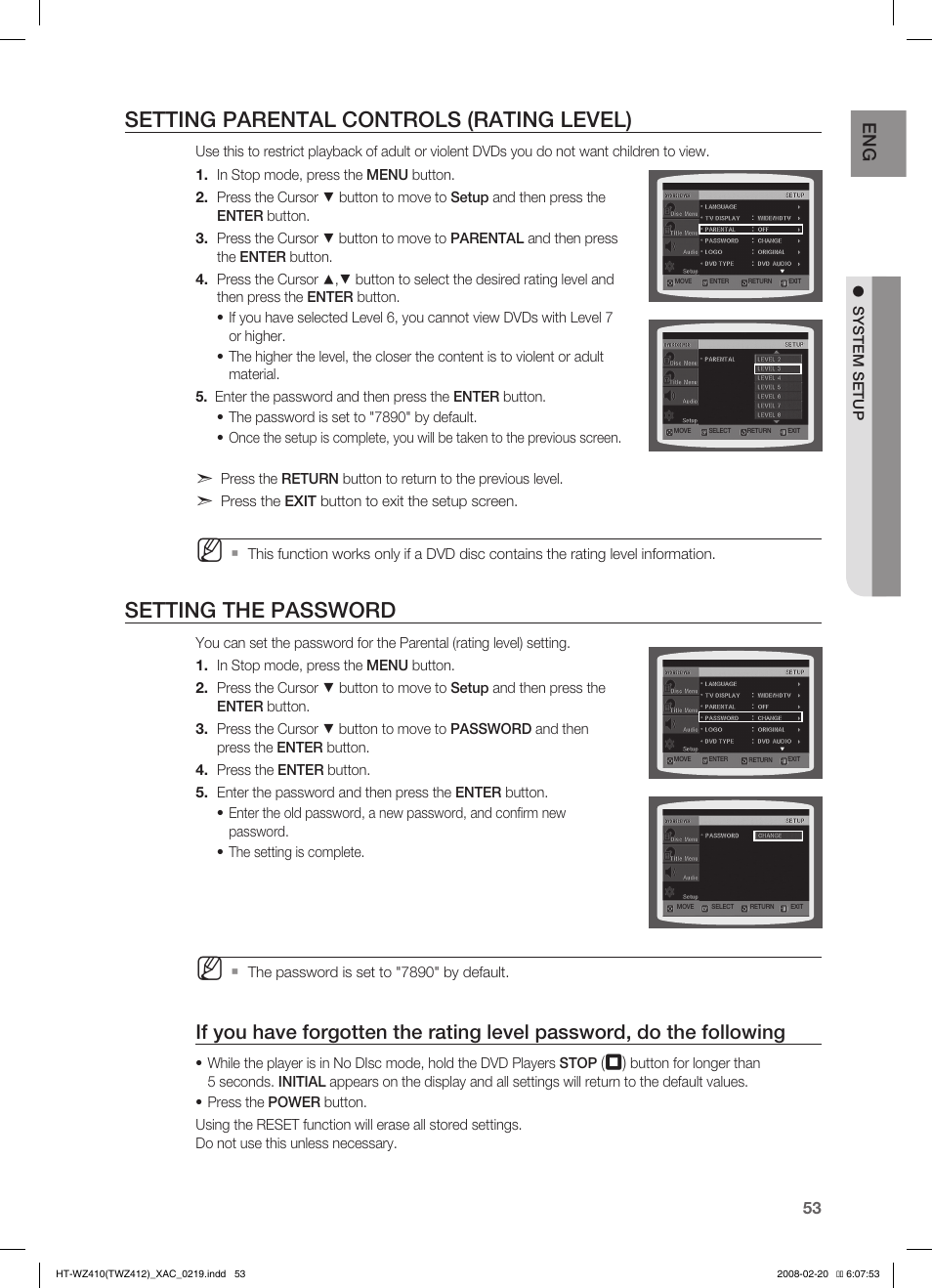 Seting parental controls (rating level), Seting the pasword, Setting parental controls (rating level) | Setting the password | Samsung HT-TWZ412 User Manual | Page 54 / 74