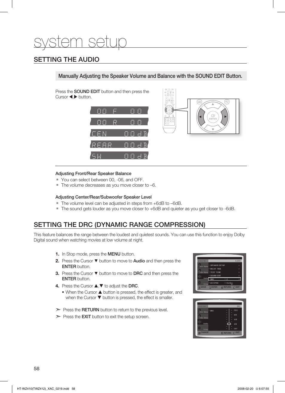 Setting the audio, Setting the drc (dynamic range compression), System setup | Samsung HT-TWZ412 User Manual | Page 59 / 74