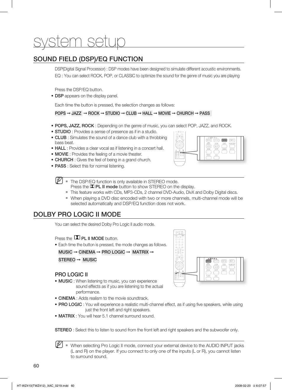 Dolby pro logic ii mode, System setup, Sound field (dsp)/eq function | Samsung HT-TWZ412 User Manual | Page 61 / 74