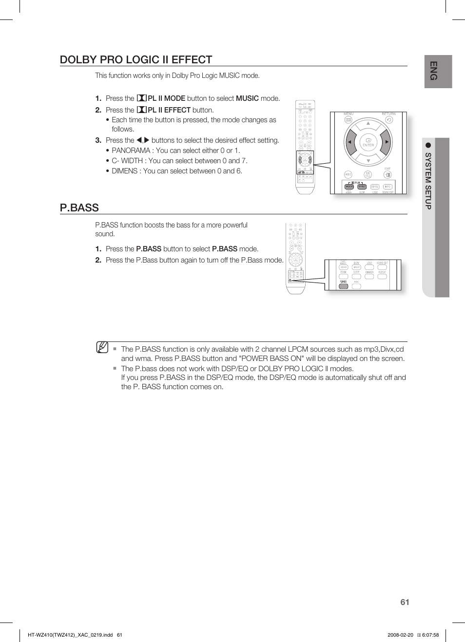 Dolby pro logic ii effect, P.bass, Asc (auto sound calibration) setup | Samsung HT-TWZ412 User Manual | Page 62 / 74