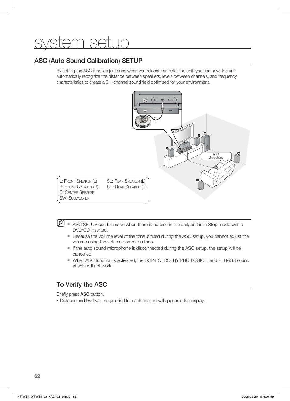 Asc (auto sound calibration) setup, System setup | Samsung HT-TWZ412 User Manual | Page 63 / 74