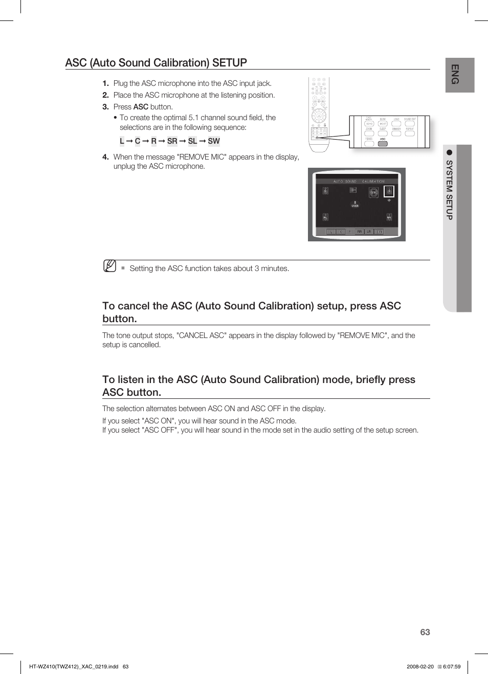 Radio, Listening to radio, Asc (auto sound calibration) setup | Samsung HT-TWZ412 User Manual | Page 64 / 74