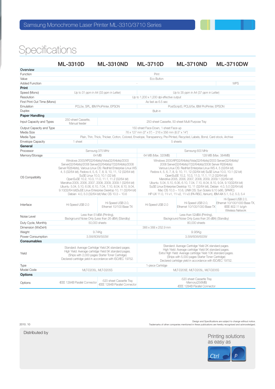 Specifications, Printing solutions as easy as | Samsung 3710 User Manual | Page 6 / 6
