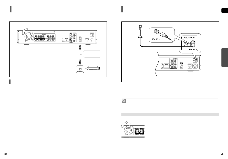 Connecting the fm antenna, Connecting audio from external components, Con’t) | Optical : connecting an external digital component | Samsung HT-TX75 User Manual | Page 13 / 39