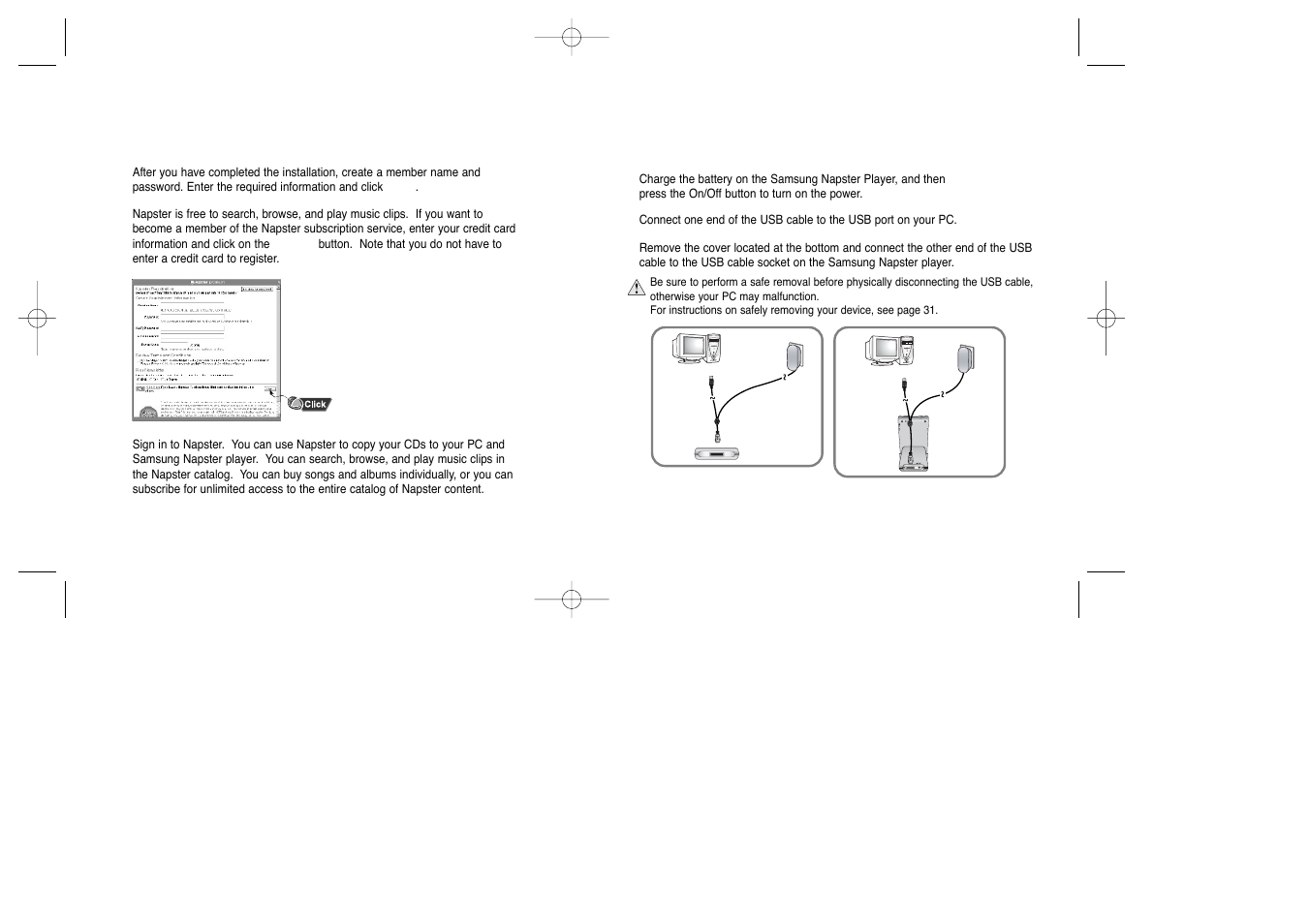 Registering for a napster account, Connecting your samsung napster player to your pc, Using napster with your samsung napster player | Samsung YEPP YH-920 User Manual | Page 12 / 39