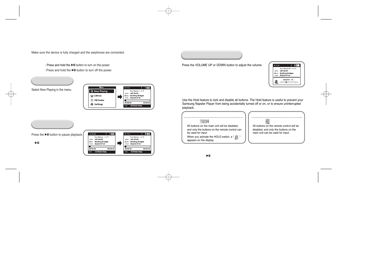 Using your samsung napster player, Playing music, Adjusting volume | Hold feature, Adjusting volume hold feature | Samsung YEPP YH-920 User Manual | Page 21 / 39