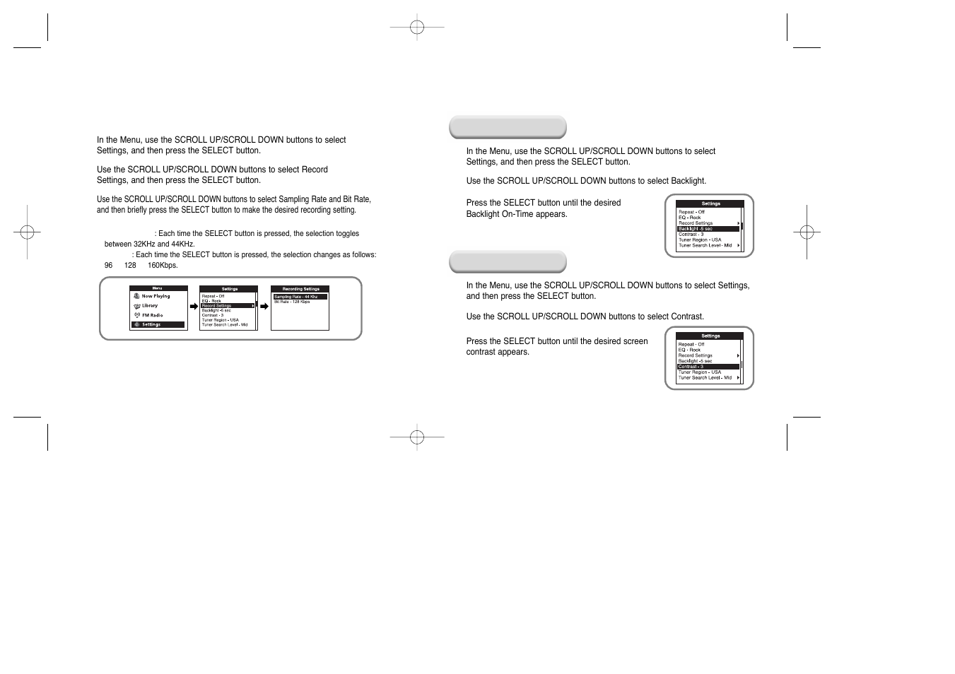 Recording settings, Screen settings | Samsung YEPP YH-920 User Manual | Page 30 / 39