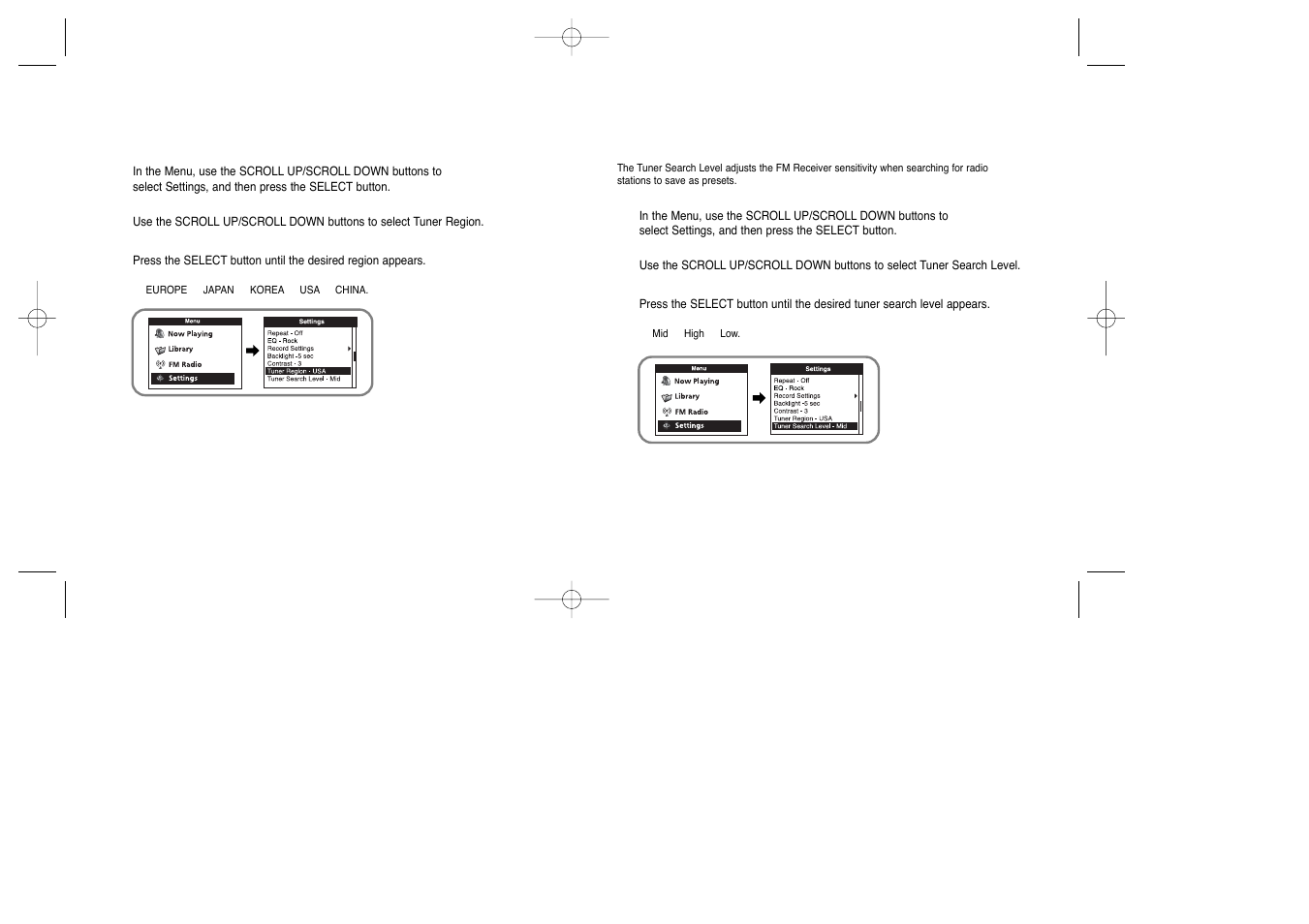 Tuner region settings, Tuner search level settings, Fader effect settings | Auto power off settings | Samsung YEPP YH-920 User Manual | Page 31 / 39