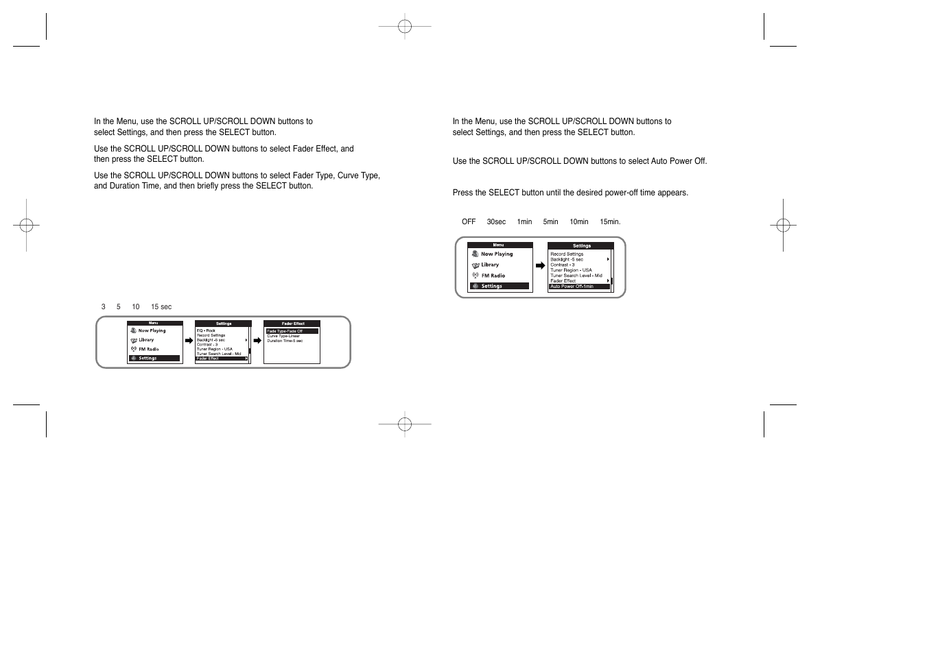 Fader effect settings, Auto power off settings | Samsung YEPP YH-920 User Manual | Page 32 / 39