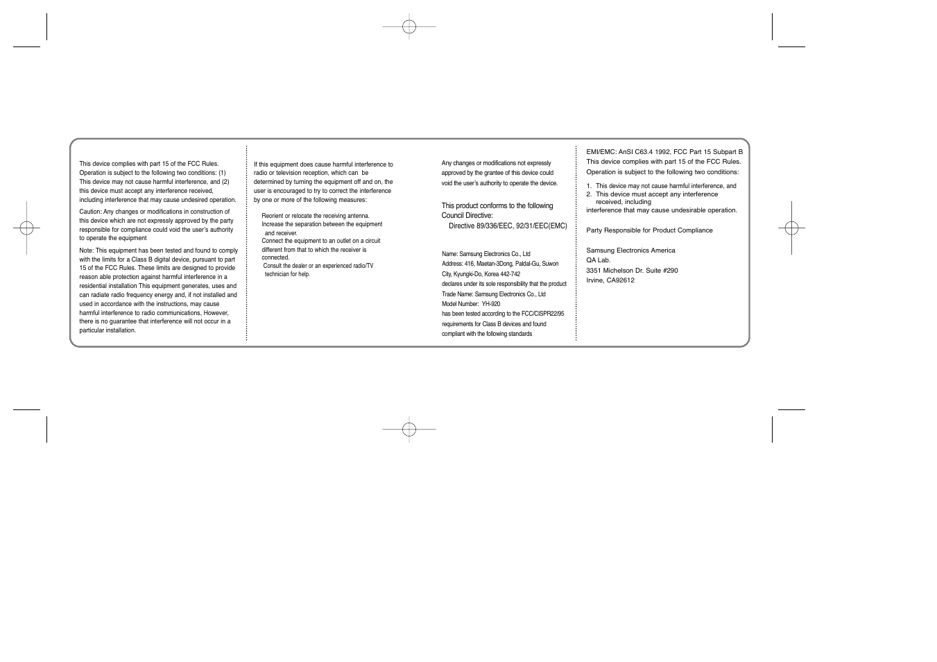 Communications regulation information | Samsung YEPP YH-920 User Manual | Page 36 / 39